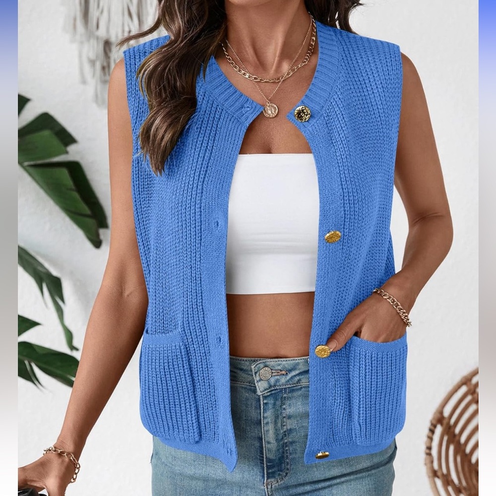Vibrant Soft Blue Lightweight Button Down Tank Sweater Cardigan Top🩵💙